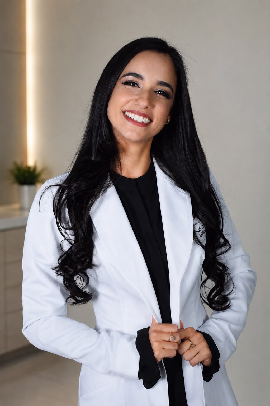 Dra. Gabriela Carvalho Mendonça, ginecologista e obstetra, sorrindo com jaleco branco